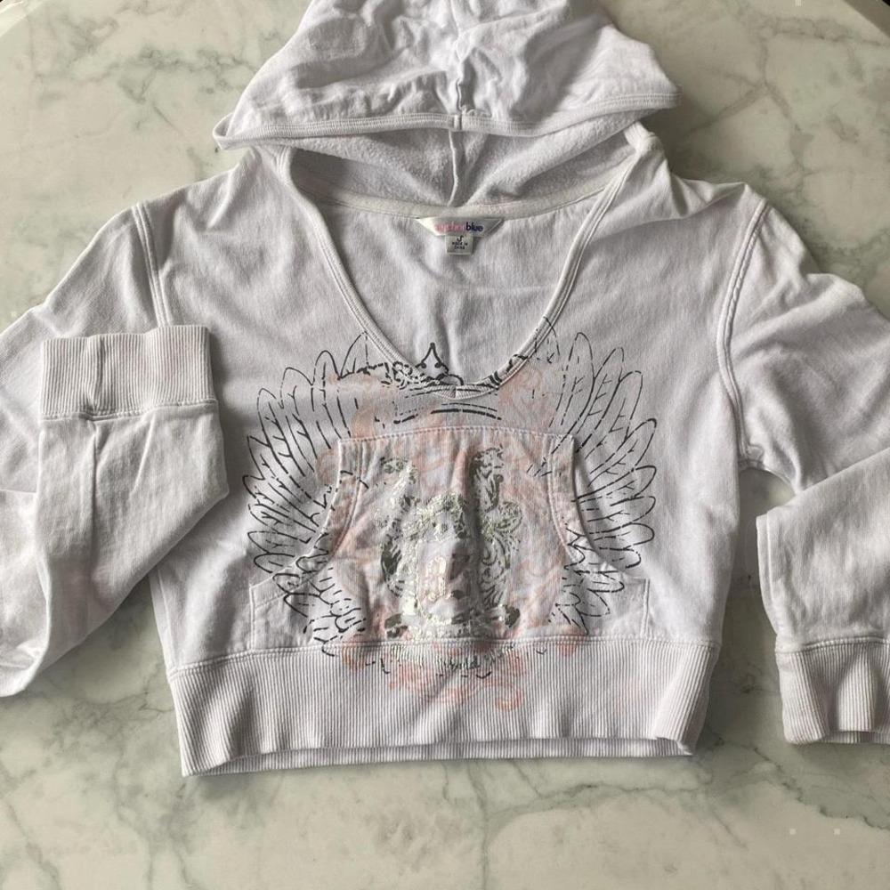 Vintage Anchor Blue Cropped Hoodie Size Small White Baby Pink Silver